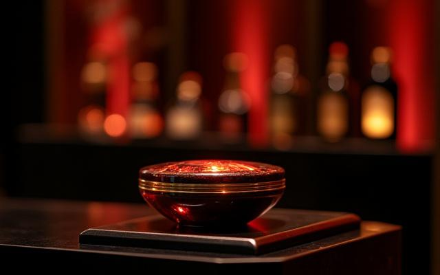 Fotografía de un evento de lanzamiento de producto de lujo, con iluminación ambiental y elementos de marca.