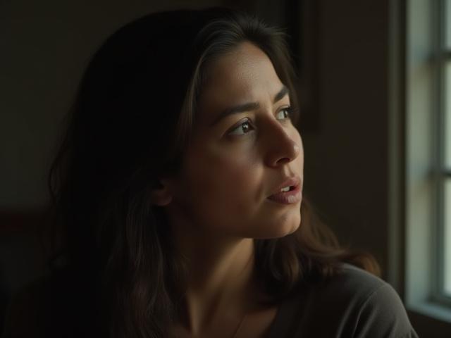 Retrato de una persona mirando a la cámara con expresión pensativa, iluminación suave.